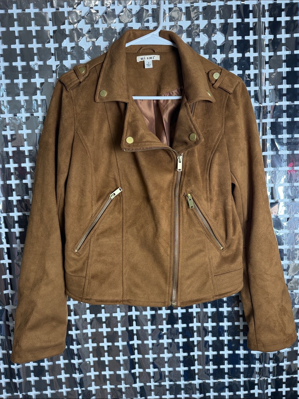 miami Camel Brown Suede-Effect Moto Jacket with Gold Hardware